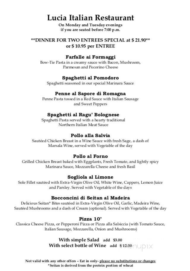 Lucia Italian Restaurant - Newport, RI menu_pic