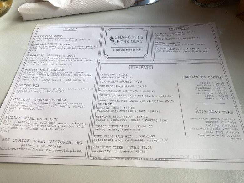 Charlotte & The Quail - Capital Regional District, BC menu_pic