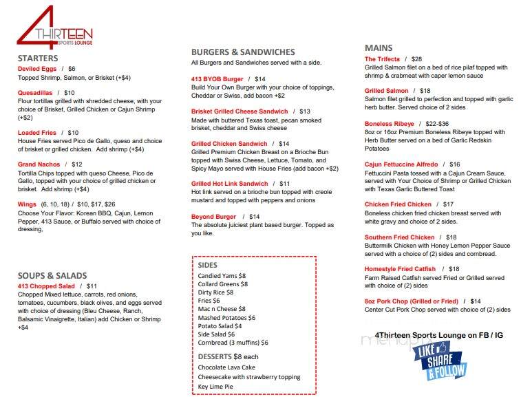 4Thirteen Kitchen and Sports Lounge - Lewisville, TX menu_pic