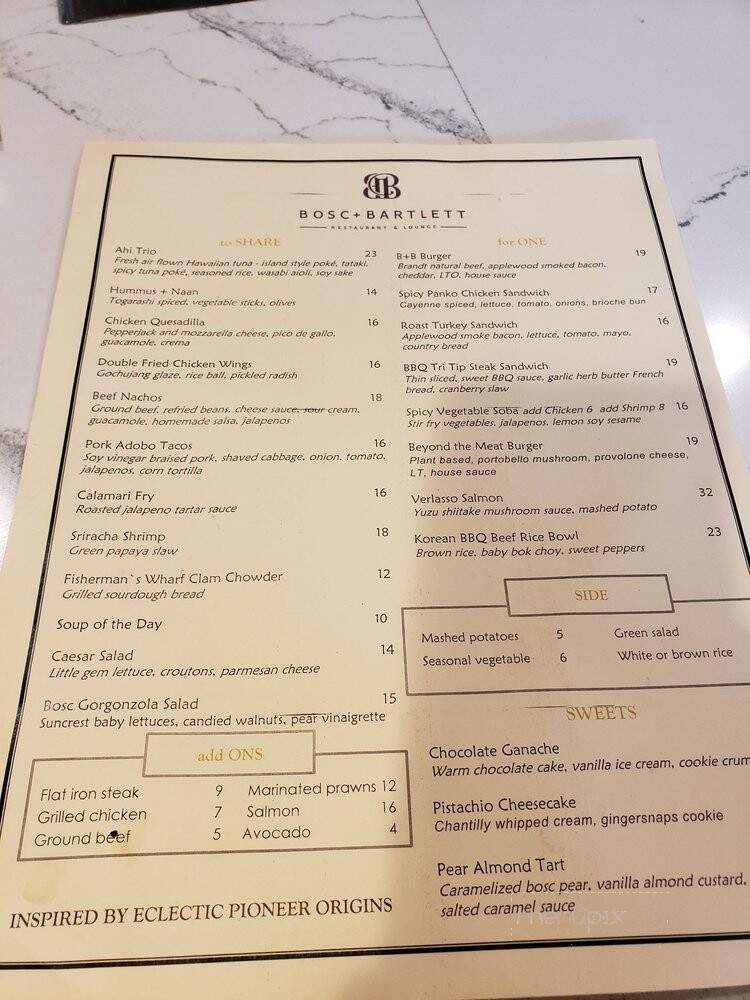 Bosc + Bartlett - Santa Clara, CA menu_pic