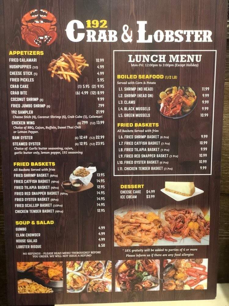 Menu of 192 Crab & Lobster in Kissimmee, FL 34746
