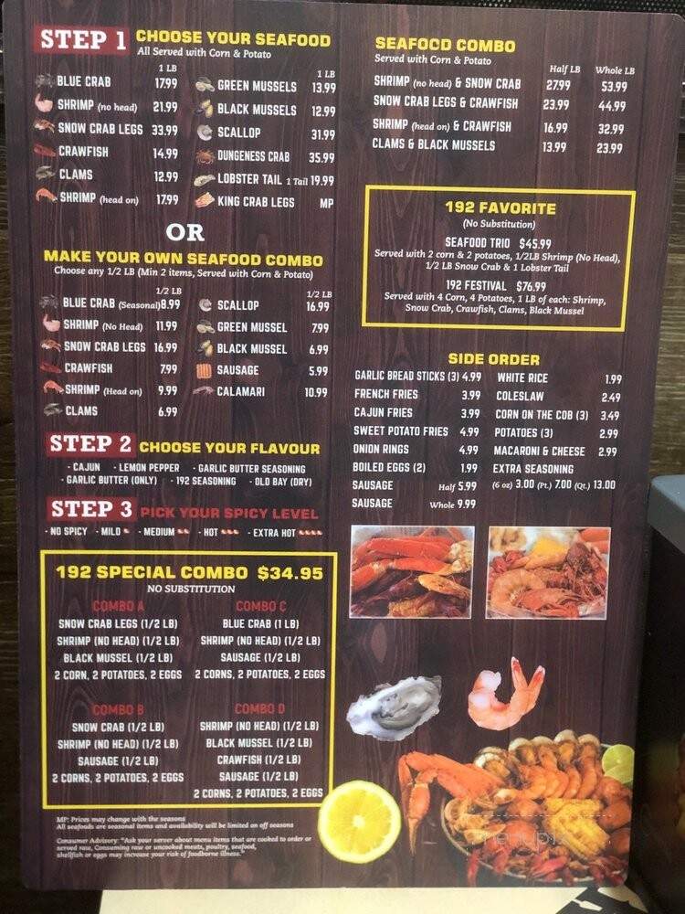 Menu of 192 Crab & Lobster in Kissimmee, FL 34746