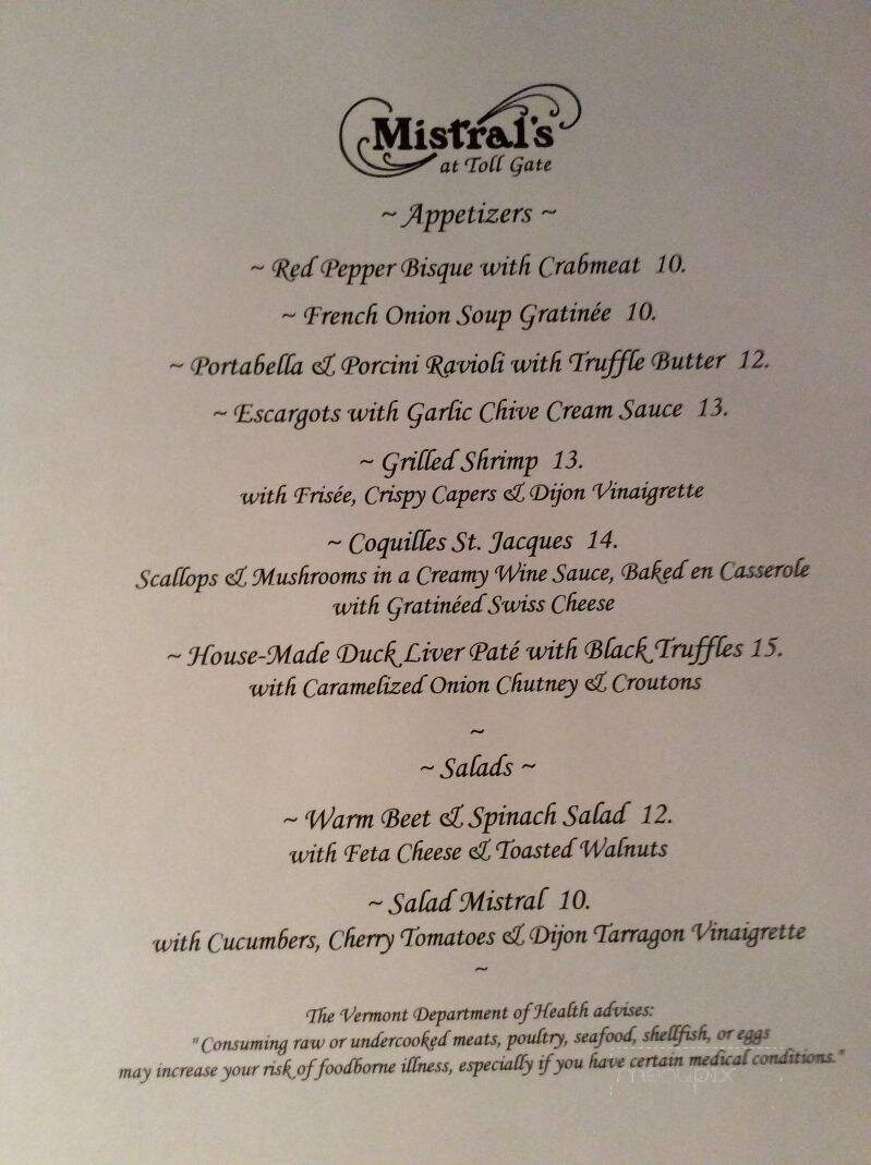Mistrals At Toll Gate Lodge - Manchester Center, VT menu_pic