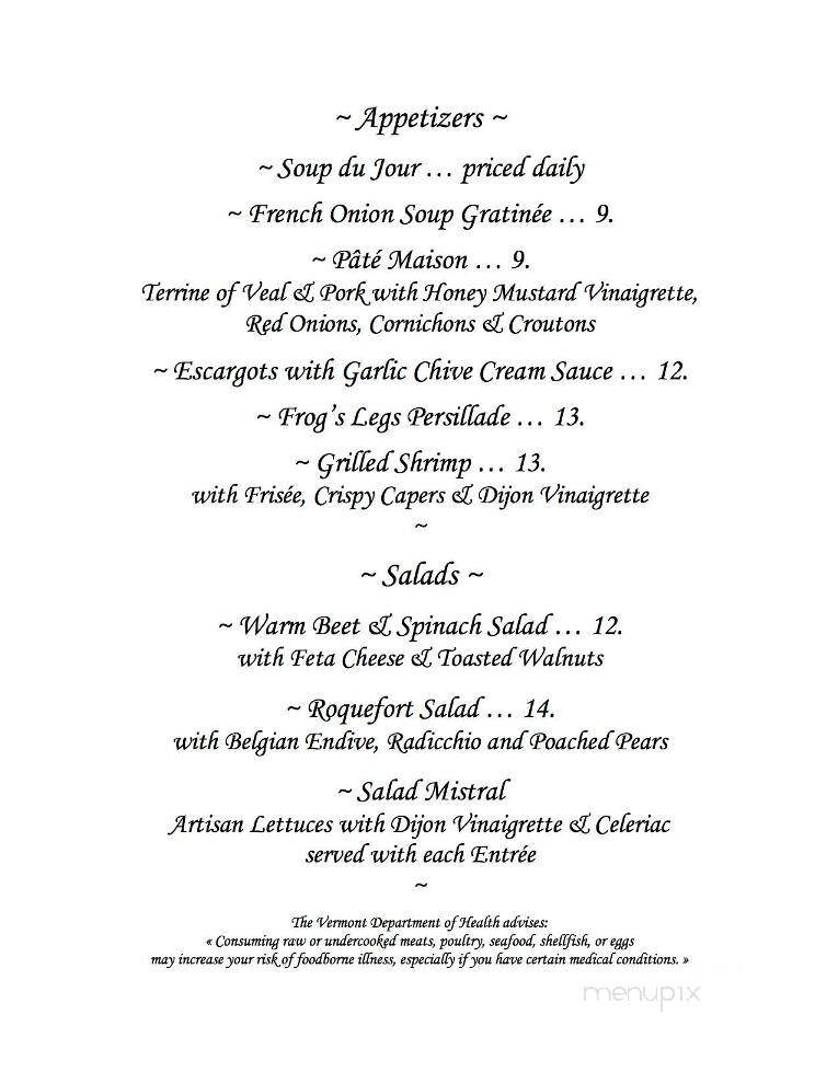Mistrals At Toll Gate Lodge - Manchester Center, VT menu_pic