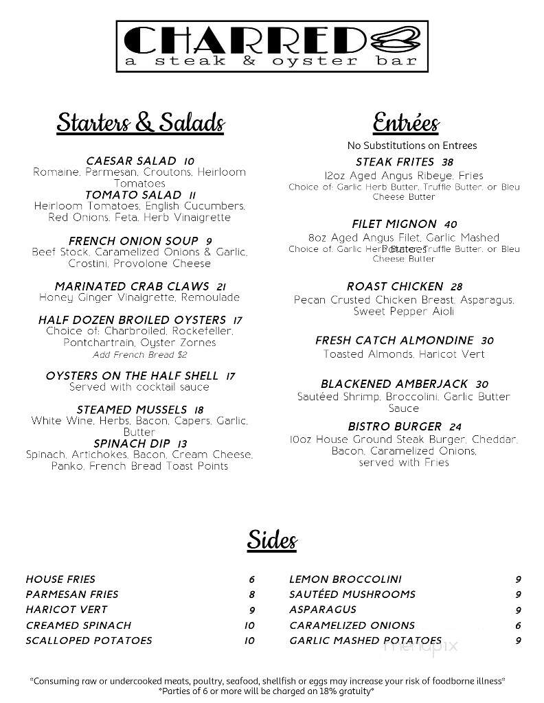Charred a Steak & Oyster bar - Ocean Springs, MS menu_pic