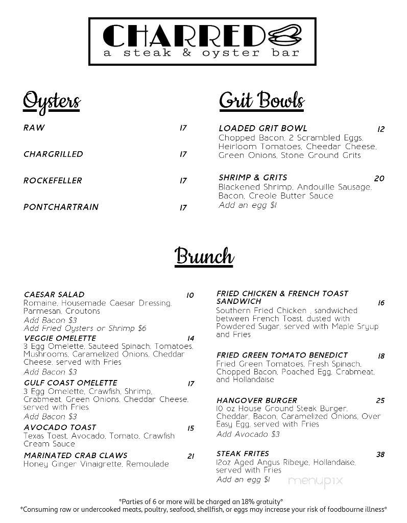 Charred a Steak & Oyster bar - Ocean Springs, MS menu_pic