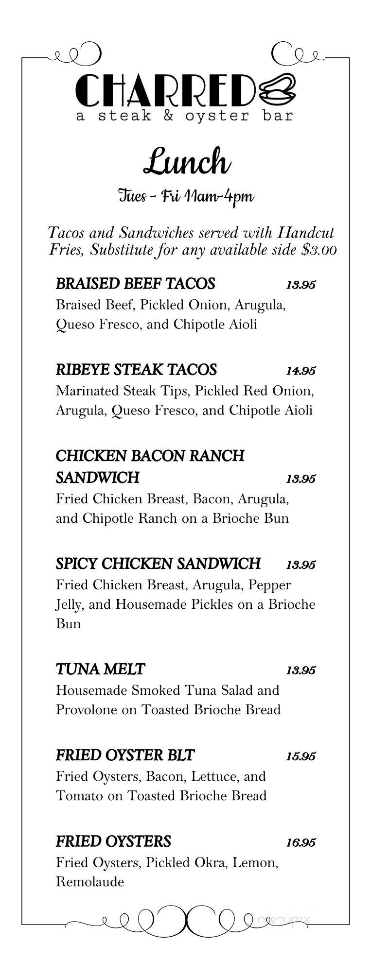Charred a Steak & Oyster bar - Ocean Springs, MS menu_pic