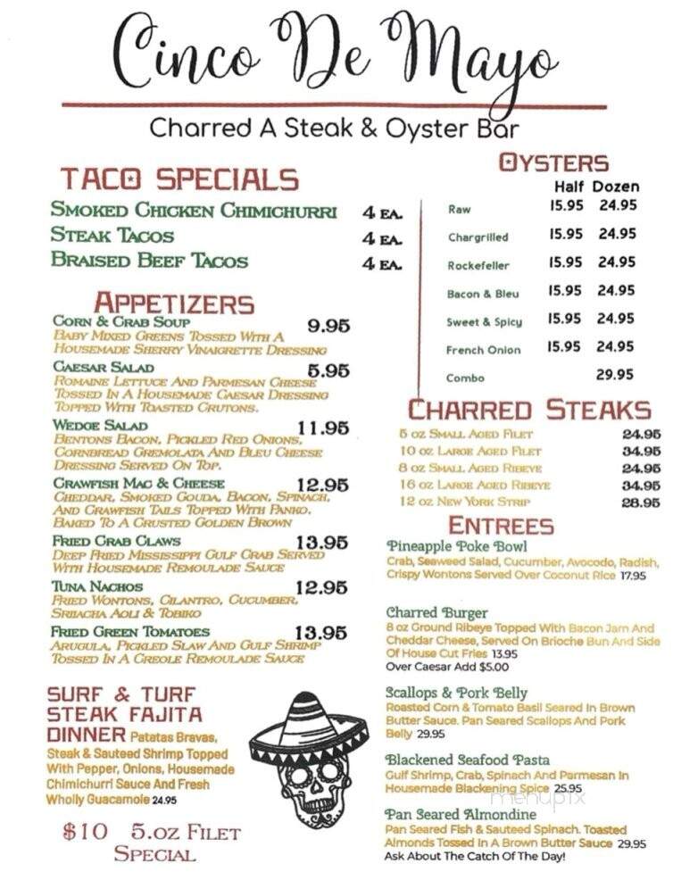Charred a Steak & Oyster bar - Ocean Springs, MS menu_pic