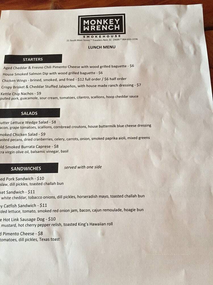 Monkey Wrench Smokehouse - Travelers Rest, SC menu_pic