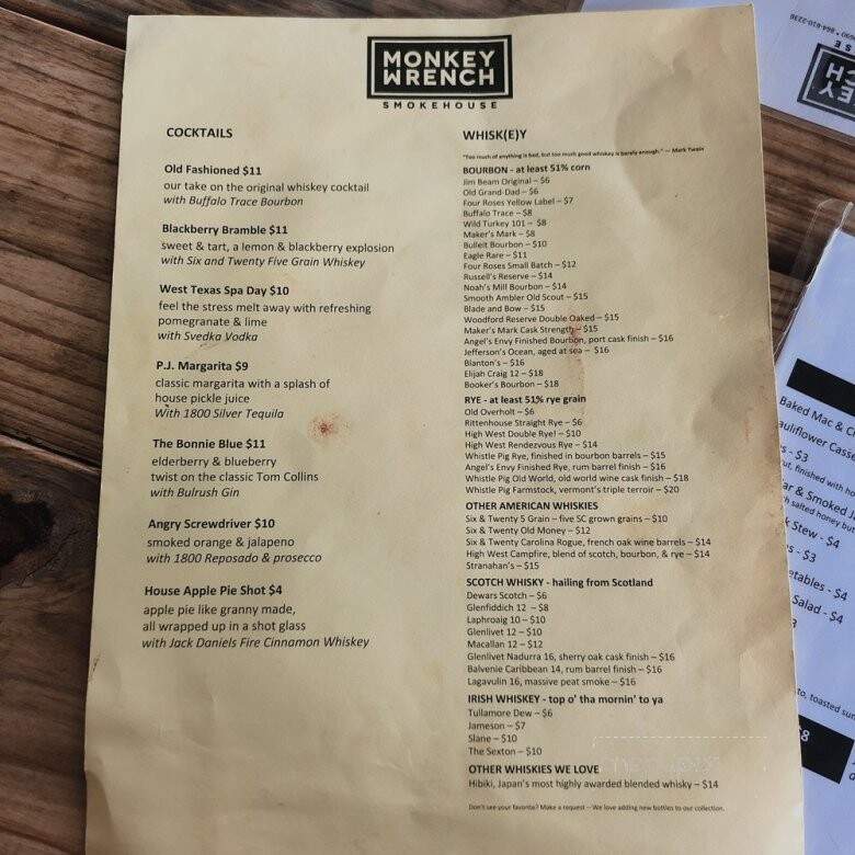 Monkey Wrench Smokehouse - Travelers Rest, SC menu_pic