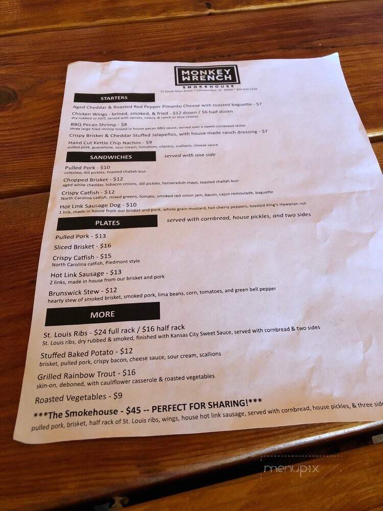 Monkey Wrench Smokehouse - Travelers Rest, SC menu_pic