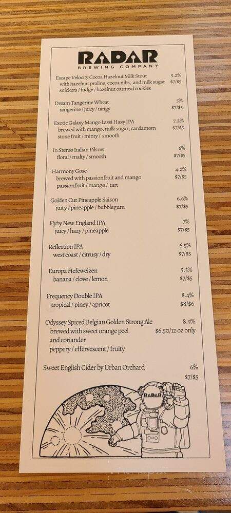 Radar Brewing Company - Winston-Salem, NC menu_pic
