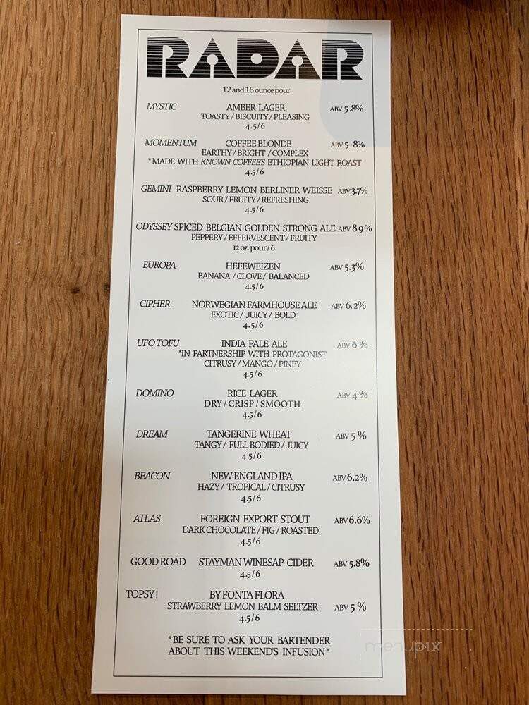 Radar Brewing Company - Winston-Salem, NC menu_pic