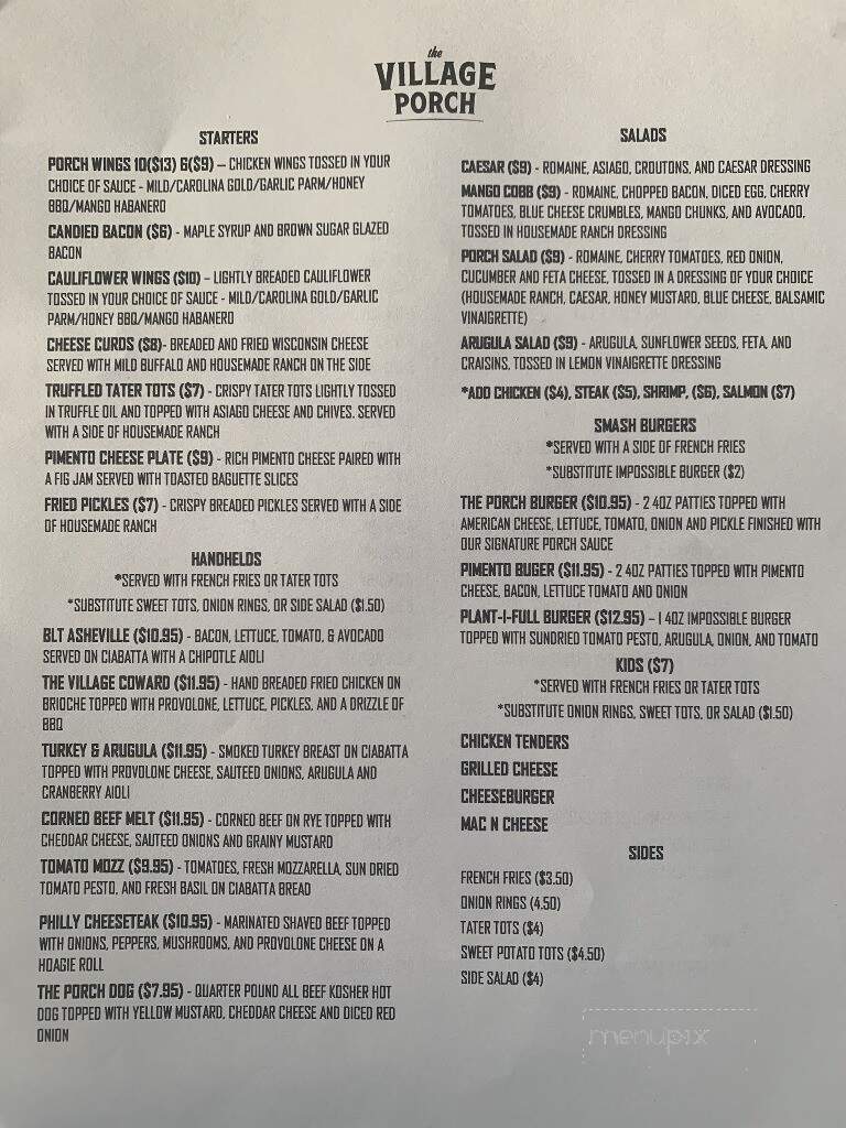 The Village Porch - Asheville, NC menu_pic