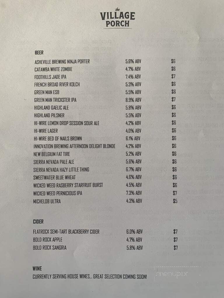 The Village Porch - Asheville, NC menu_pic