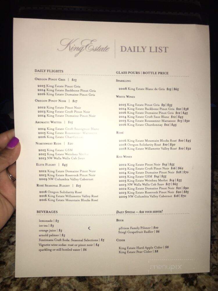 King Estate Winery - Eugene, OR menu_pic