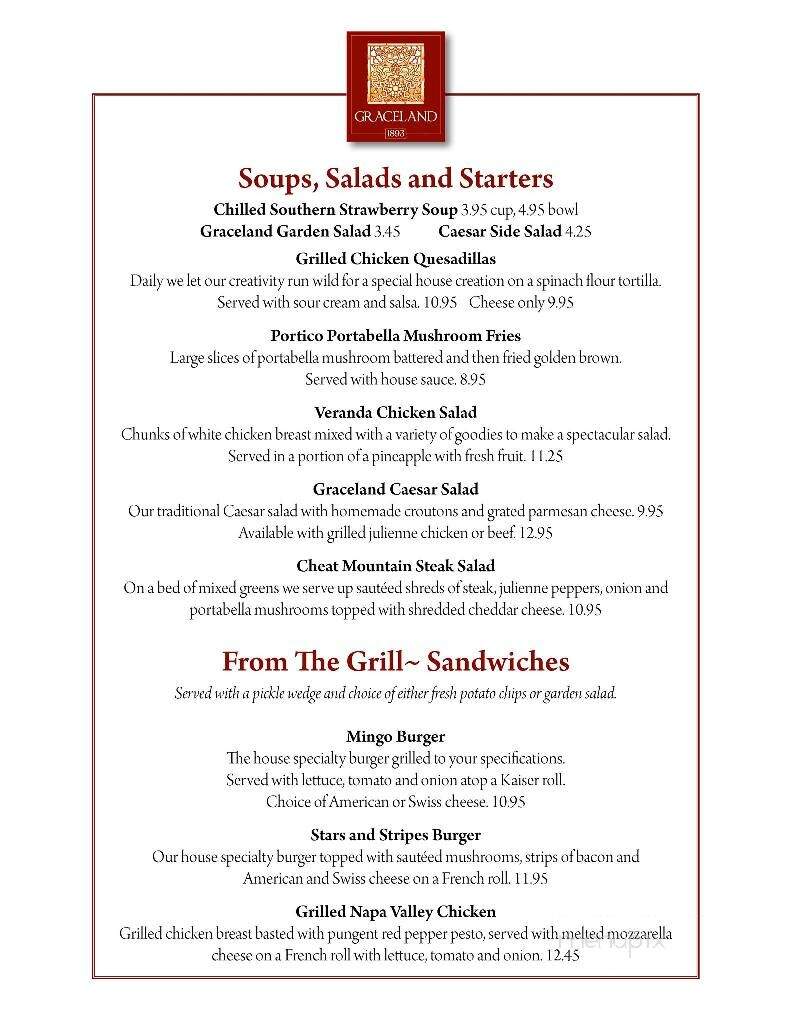 Graceland and Mingo Room - Elkins, WV menu_pic