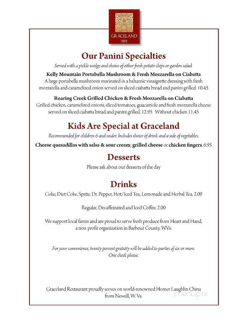 Graceland and Mingo Room - Elkins, WV menu_pic