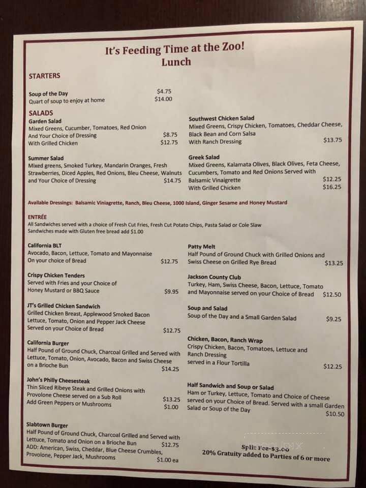 Zookeeper Bistro - Cashiers, NC menu_pic