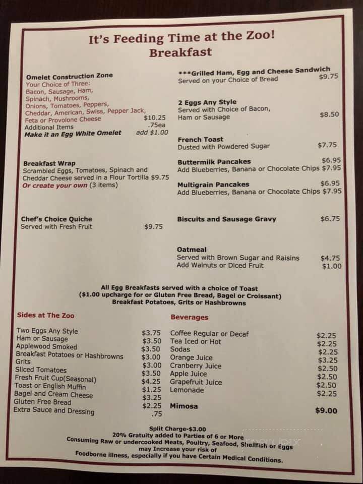 Zookeeper Bistro - Cashiers, NC menu_pic
