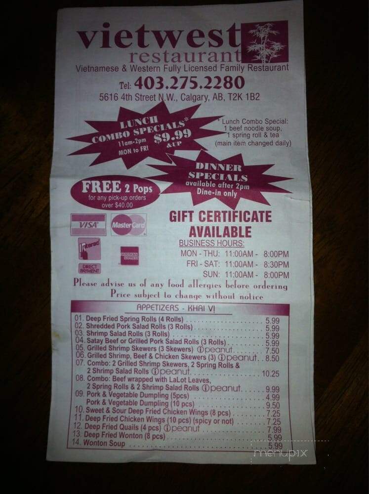 Viet West Restaurant - Calgary, AB menu_pic