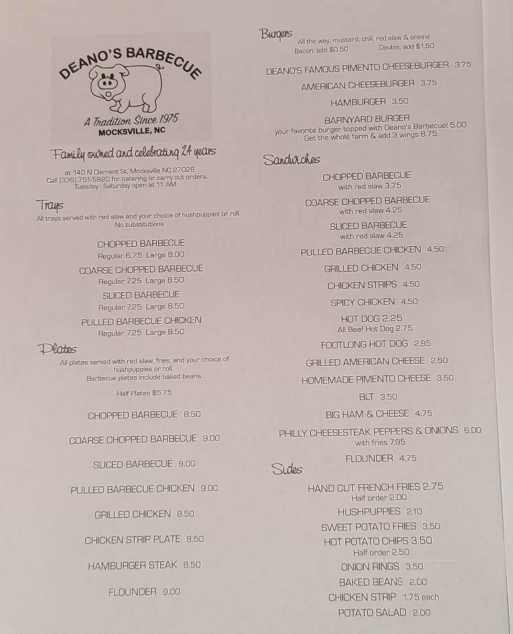 Deano's Barbecue - Mocksville, NC menu_pic