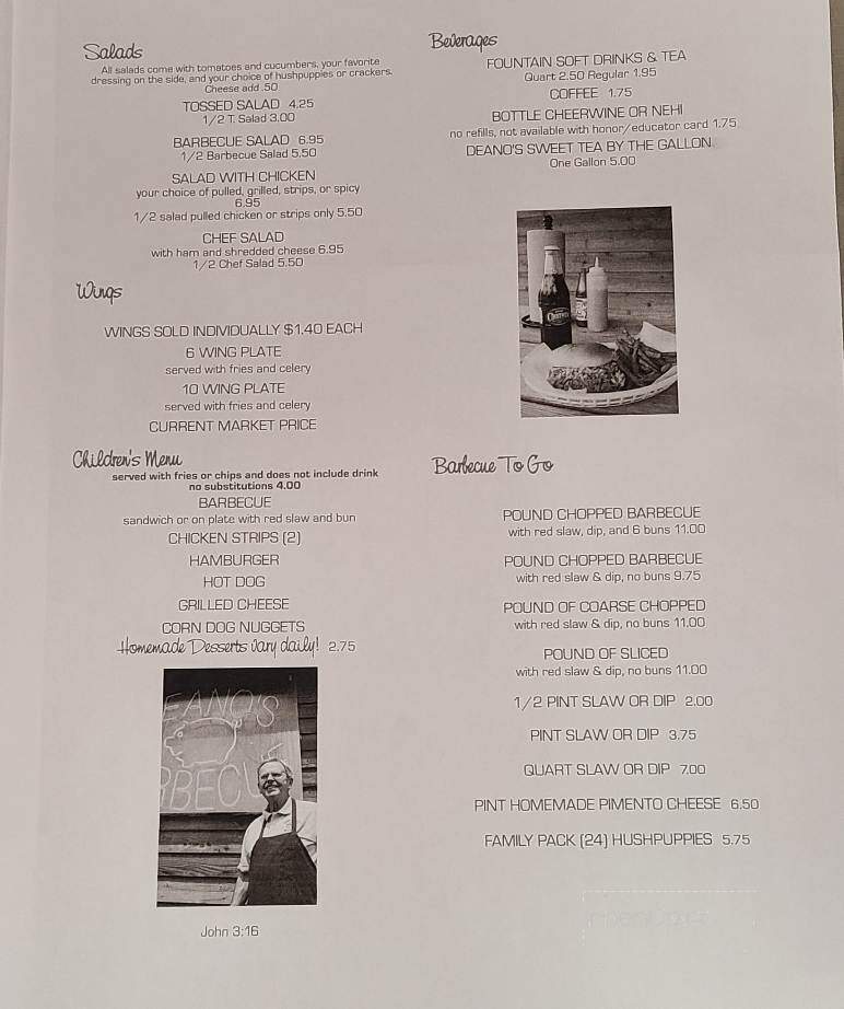 Deano's Barbecue - Mocksville, NC menu_pic