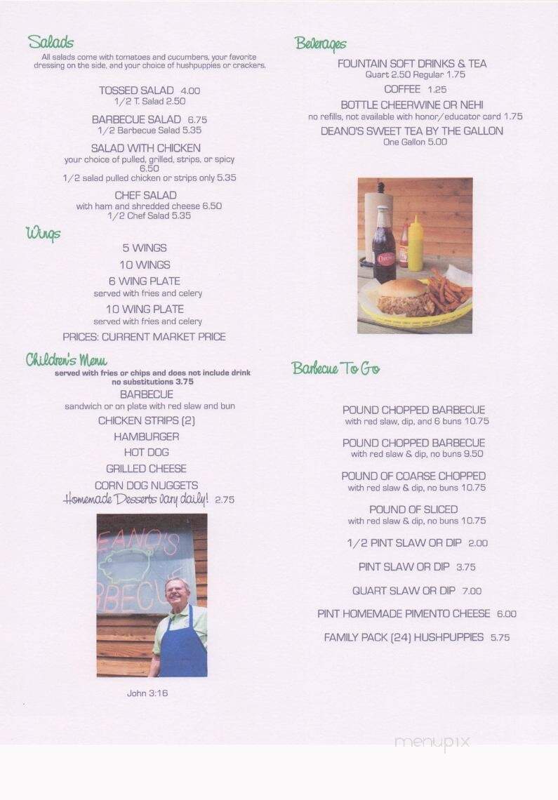 Deano's Barbecue - Mocksville, NC menu_pic