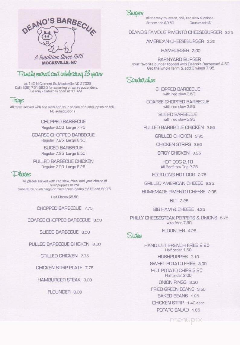 Deano's Barbecue - Mocksville, NC menu_pic