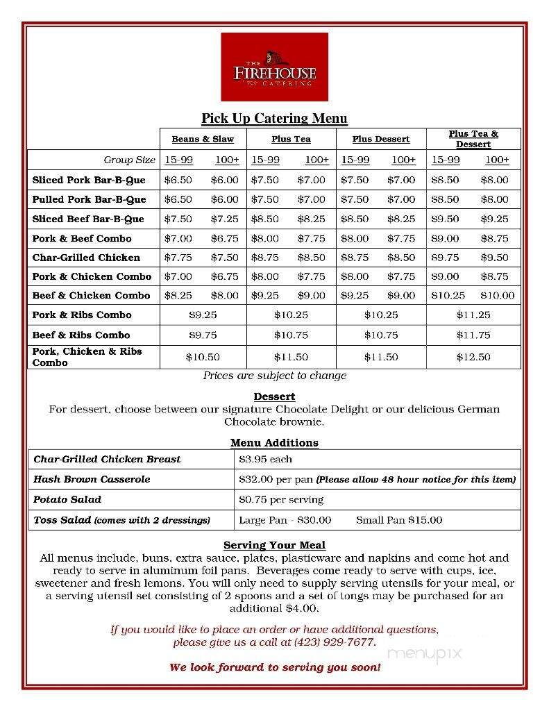 Firehouse Restaurant - Johnson City, TN menu_pic