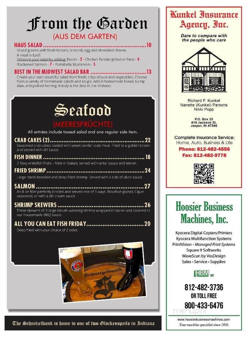 Schnitzelbank Restaurant - Jasper, IN menu_pic