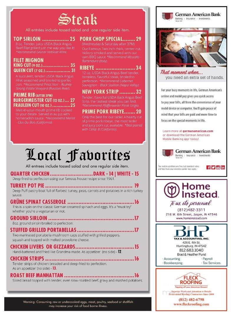 Schnitzelbank Restaurant - Jasper, IN menu_pic