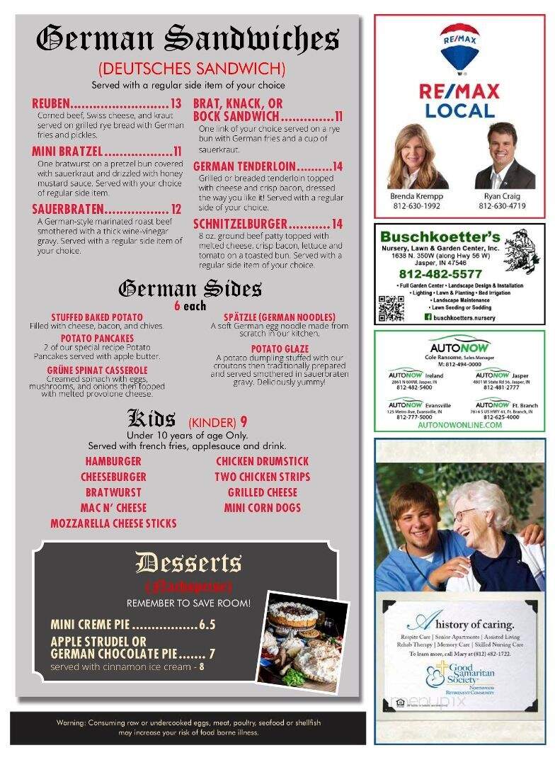 Schnitzelbank Restaurant - Jasper, IN menu_pic