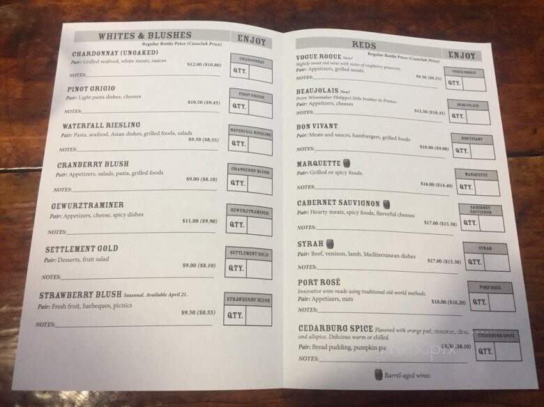 Cedar Creek Winery - Cedarburg, WI menu_pic