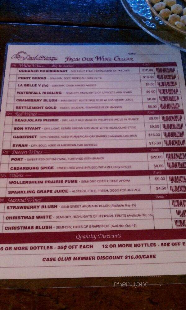 Cedar Creek Winery - Cedarburg, WI menu_pic