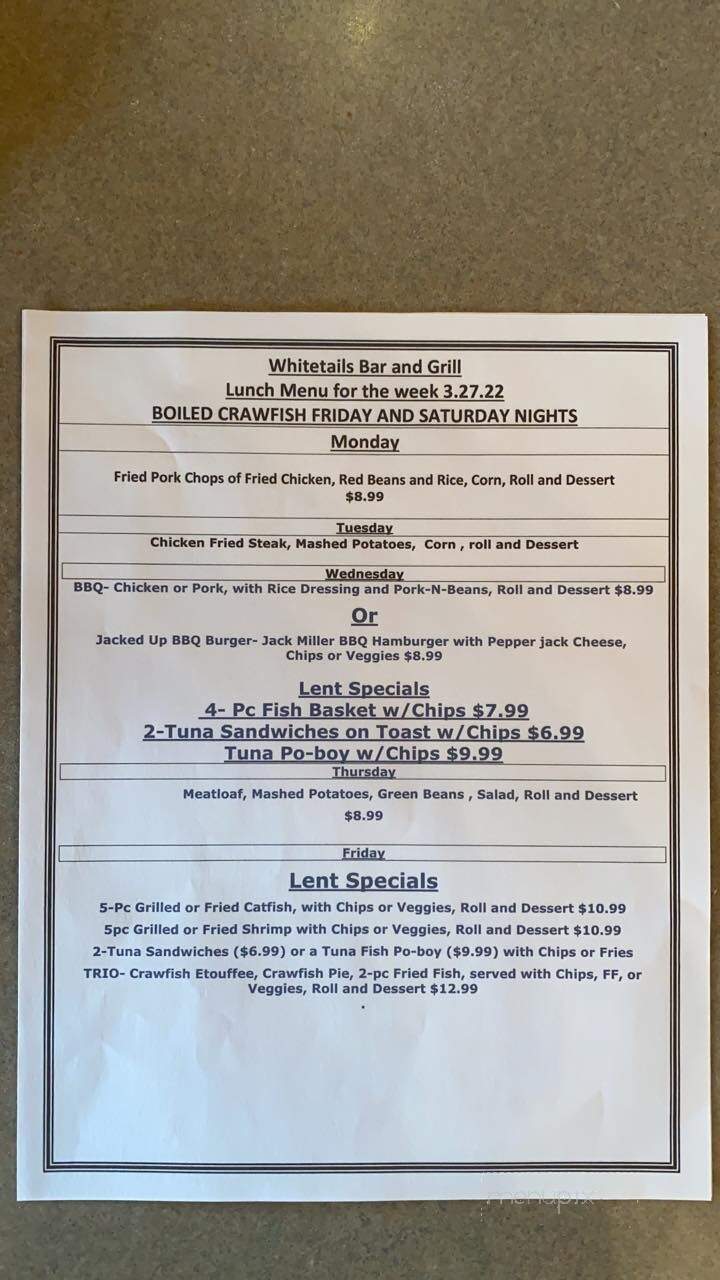 Whitetail's Bar & Grill - Krotz Springs, LA menu_pic
