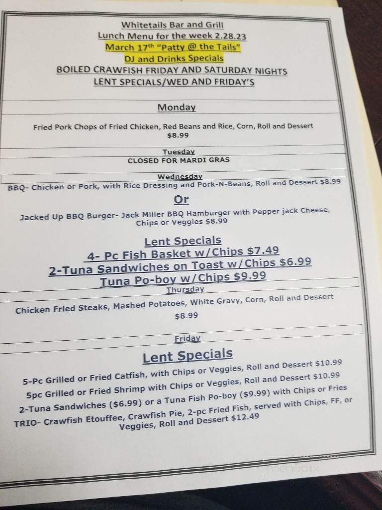 Whitetail's Bar & Grill - Krotz Springs, LA menu_pic