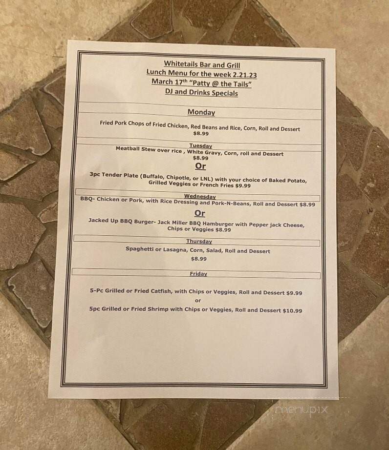 Whitetail's Bar & Grill - Krotz Springs, LA menu_pic