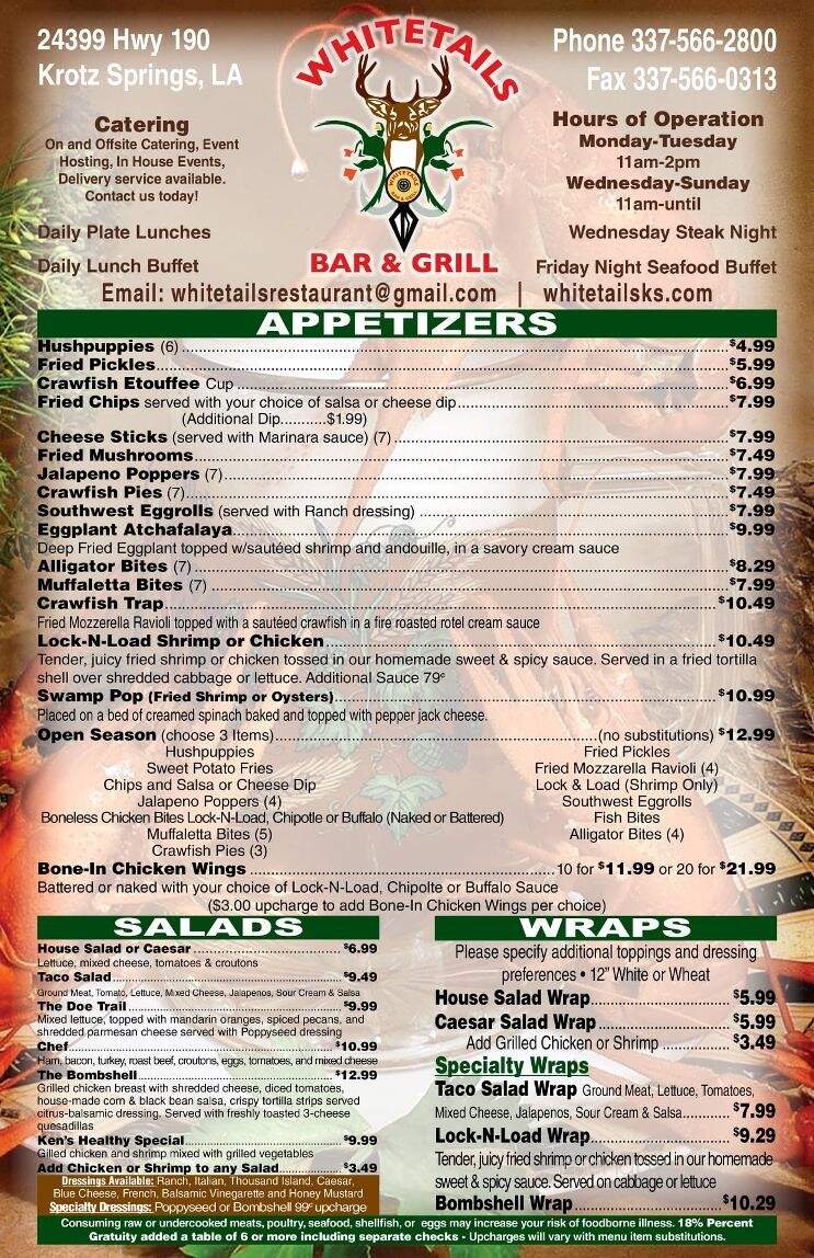 Whitetail's Bar & Grill - Krotz Springs, LA menu_pic