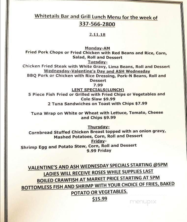 Whitetail's Bar & Grill - Krotz Springs, LA menu_pic