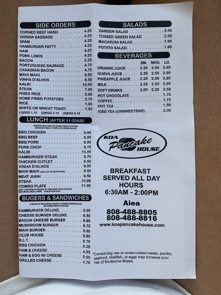 Koa Pancake House - Aiea, HI menu_pic