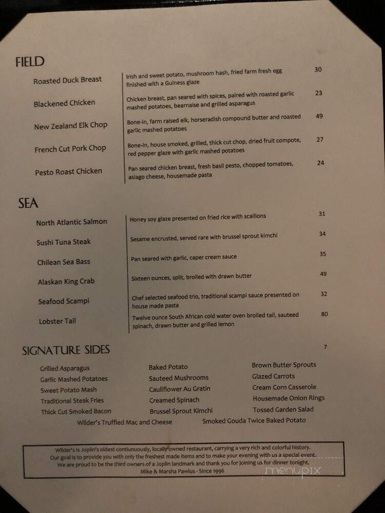 Wilders Steakhouse - Joplin, MO menu_pic
