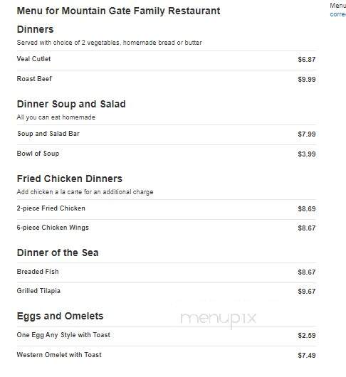 Mountain Gate Family Restaurant - Waynesboro, PA menu_pic