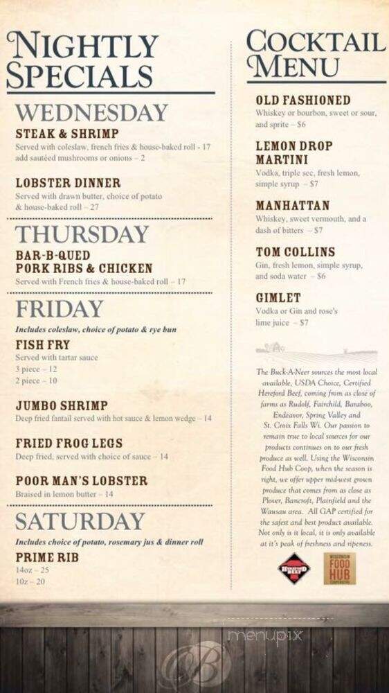 Buck-A-Neer Supper Club - Stratford, WI menu_pic