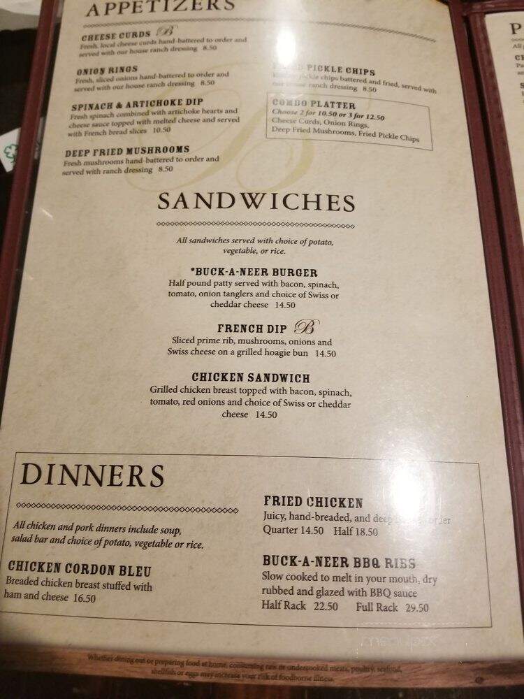 Buck-A-Neer Supper Club - Stratford, WI menu_pic