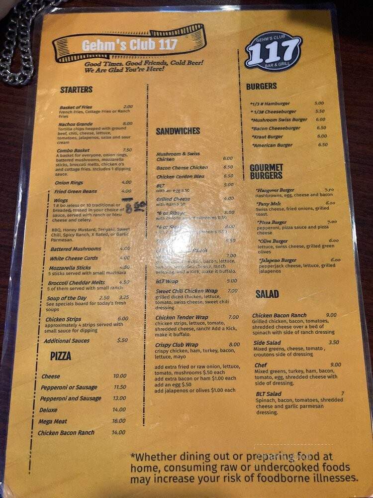 Gehm's Club 117 - Bonduel, WI menu_pic