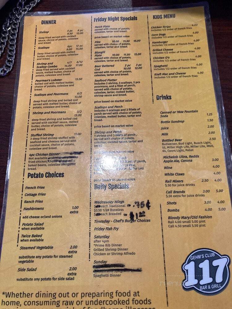 Gehm's Club 117 - Bonduel, WI menu_pic