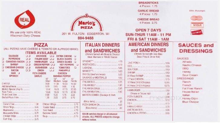 Mario's Pizza - Edgerton, WI menu_pic