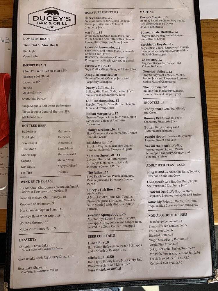 Ducey's On The Lake - Bass Lake, CA menu_pic