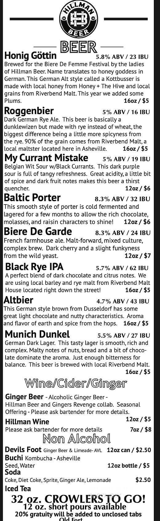 Hillman Beer - Old Fort, NC menu_pic